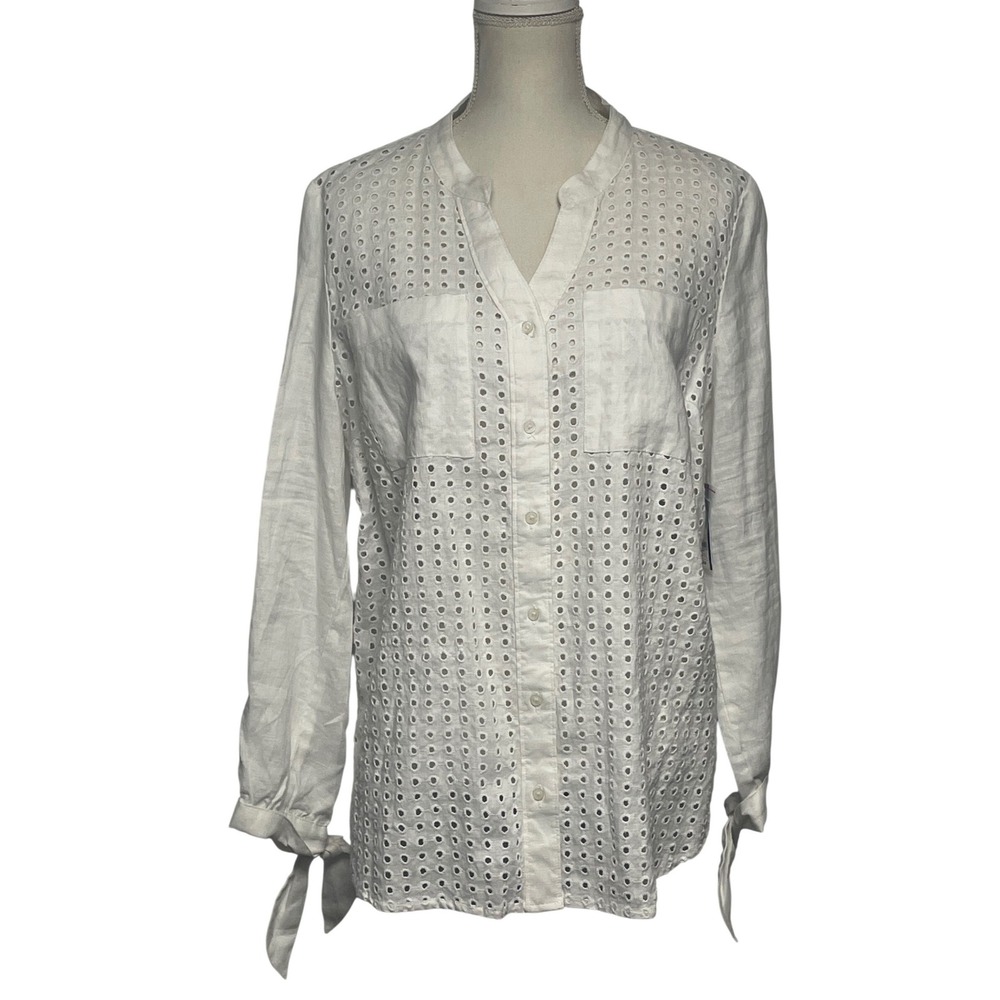Crown & Ivy White Linen Eyelet Bowtie Sleeve Button Down Blouse Women's L NWT